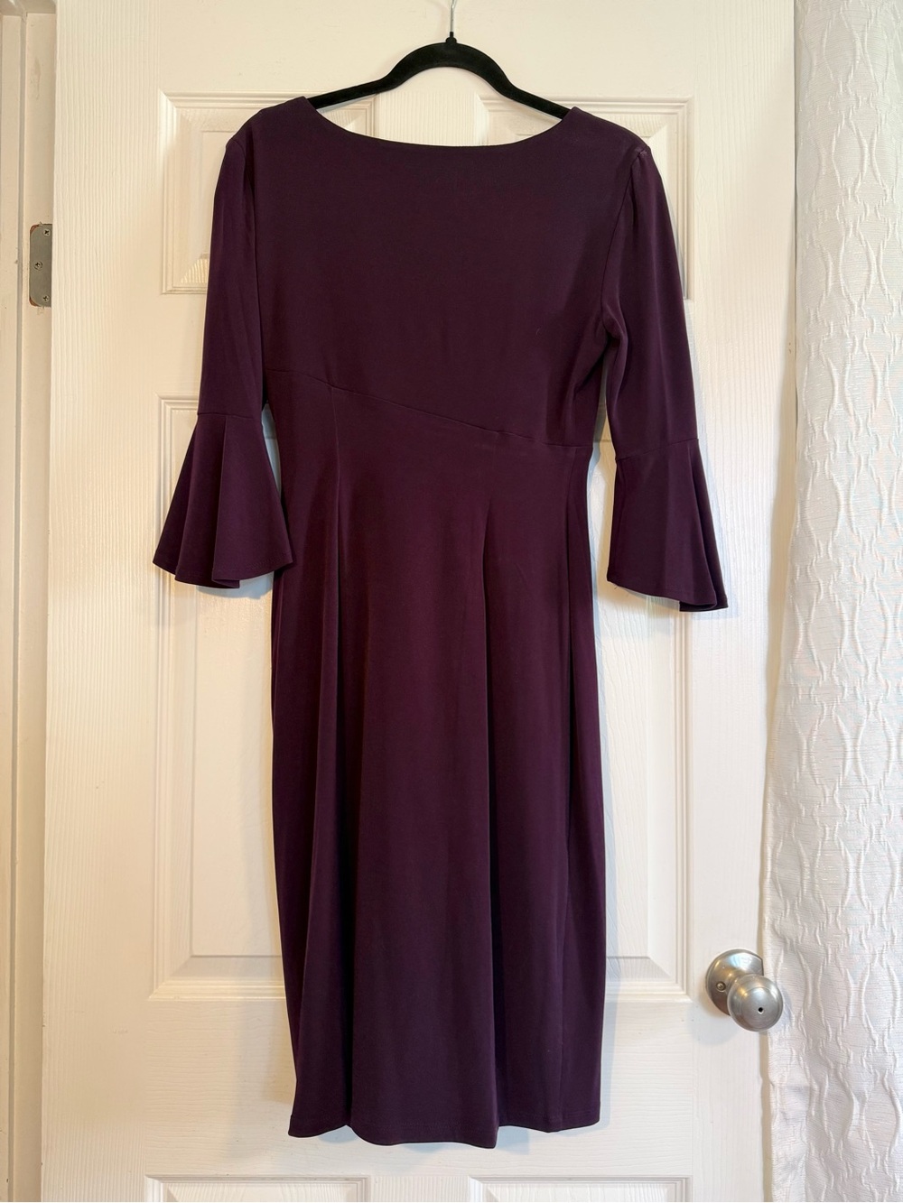 CONNECTED APPAREL: Ruched Bell Sleeve Faux Wrap Cocktail Dress - Picture 2 of 4